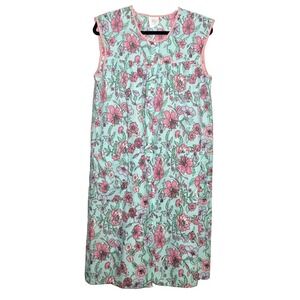 Vtg Artistic Creation House Dress Lg  Blue Floral Apron Duster Snaps Sleeveless